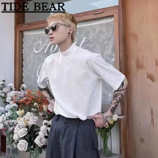 TIDE BEAR เสื้อยืดผู้ชาย เกาหลีย้อนยุคแขนสั้นลำลอง คอสูงแฟชั่นหลายสีอารมณ์ด้านบนแขนห้าจุด