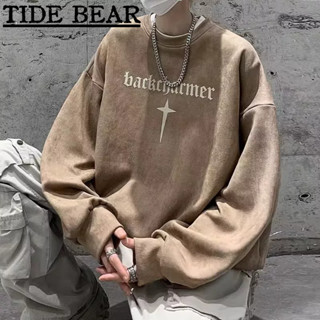 TIDE BEAR เสื้อกันหนาวผู้ชาย อเมริกันเรโทรถนน ดาวพิมพ์สบายๆรอบคอเสื้อบวกกำมะหยี่ด้านบนหลวม