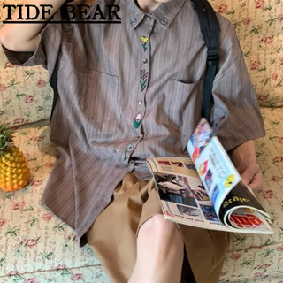 TIDE BEAR เสื้อผู้ชาย เกาหลีย้อนยุคสบายๆ หลวมกระชับแถวเดียวข้าวสาลีหูดอกไม้พิมพ์ปกคาร์