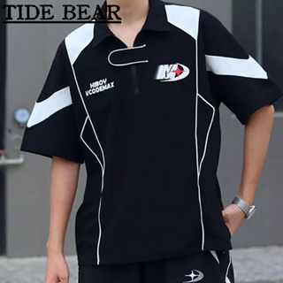 TIDE BEAR เสื้อโปโลผู้ชาย อเมริกันเรโทรถนน ภูเขาคู่ระดับไฮเอนด์แข่งปกแขนสั้นด้านบน