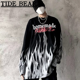 TIDE BEAR เสื้อกันหนาวผู้ชาย พิมพ์เปลวไฟย้อนยุคเข้ม ถนนสูงผู้ชายและผู้หญิงอเมริกันถนนเสื้อยืดแขนยาวทอดถนนส่วนบาง