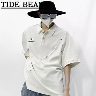 TIDE BEAR เสื้อโปโลผู้ชาย เกาหลีย้อนยุคแขนสั้นลำลอง จดหมายพิมพ์แฟชั่นฝ้ายปกด้านบน