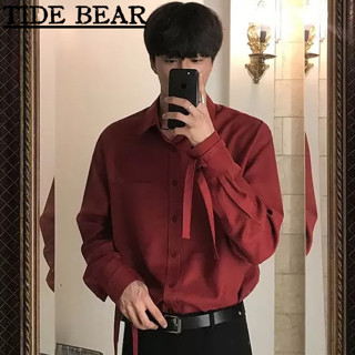 TIDE BEAR เสื้อผู้ชาย เวอร์ชั่นเกาหลีของลำลองย้อนยุคแขนยาวลำแสง สีแดงสูงแฟชั่นปกด้านบน