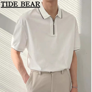 TIDE BEAR เสื้อโปโลผู้ชาย เกาหลีย้อนยุคแขนสั้นลำลอง ครึ่ง-ห่วงโซ่ขาวดำคู่เสื้อ