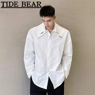 TIDE BEAR เสื้อผู้ชาย เวอร์ชั่นเกาหลีของย้อนยุคลำลองแขนยาว แถบโลหะสีทึบแฟชั่นระดับไฮเอนด์ด้านบน