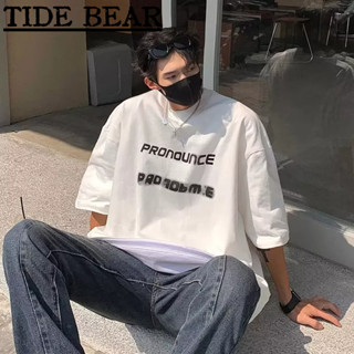 TIDE BEAR เสื้อยืดผู้ชาย เกาหลีย้อนยุคแขนสั้นลำลอง แฟชั่นตัวอักษรพิมพ์คู่ฮิปฮอปด้านบน