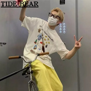 TIDE BEAR เสื้อยืดผู้ชาย อเมริกันย้อนยุคการ์ตูนพิมพ์แขนสั้น น่ารักหลวมคู่สีขาวครึ่งแขนด้านบน