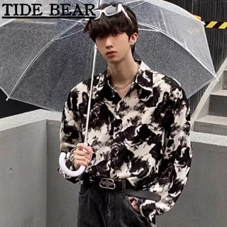 TIDE BEAR เสื้อผู้ชาย เวอร์ชั่นเกาหลีของย้อนยุคลำลองแขนยาว แฟชั่นสูงผูกย้อมพิมพ์ด้านบนหลวม