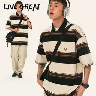 LIVE GREAT เสื้อโปโลผู้ชายเทรนด์ใหม่แฟชั่นเรียบง่ายทุกแมตช์ลายทางแขนสั้นเสื้อยืดลำลองหลวม