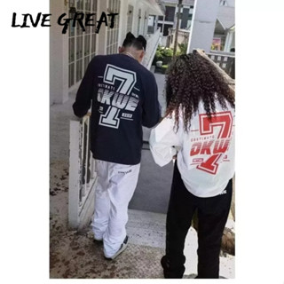 LIVE GREAT เสื้อกันหนาวผู้ชาย เทรนด์ใหม่ แฟชั่นอเมริกัน ฮิปฮอป ตัวอักษรลำแสง ปาก แขนยาว หลวม สบาย ๆ เสื้อสเวตเตอร์คอกลม