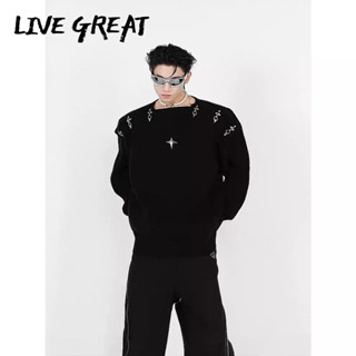 LIVE GREAT เสื้อสเวตเตอร์ผู้ชายเทรนด์ใหม่ American street design โลหะเสื้อถักไม่สม่ำเสมอหลวมสบาย ๆ เสื้อสเวตเตอร์ระดับไฮเอนด์ที่เข้ากันทั้งหมด