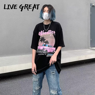 LIVE GREAT เสื้อยืดผู้ชายแฟชั่นอินเทรนด์ใหม่ American Street พิมพ์ครึ่งแขนหลวมสบายๆรอบคอแขนสั้น