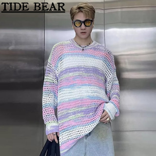 TIDE BEAR เสื้อถักผู้ชาย เกาหลีย้อนยุคสบายๆ สีรุ้งระดับไฮเอนด์หลวมเสื้อลำลองเสื้อกันหนาว