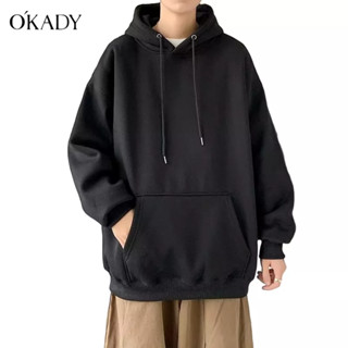 OKADY เสื้อกันหนาวมีฮู้ดสีทึบแขนยาวสำหรับฤดูใบไม้ผลิและฤดูใบไม้ร่วงของเด็กผู้ชายในเสื้อโค้ททรงหลวมผ้าฝ้ายแท้