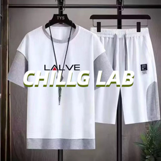 CHILLG LAB ชุดกีฬาผู้ชายฤดูร้อนบางหลวมผ้าฝ้ายแขนสั้นเสื้อยืดแบรนด์อินเทรนด์ผู้ชายชุดของเสื้อผ้าวิ่งหล่อ