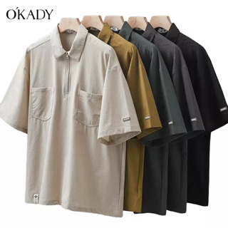 OKADY เสื้อเชิ้ตโปโลแฟชั่นฤดูร้อนสำหรับผู้ชายอินเทรนด์ยอดนิยมสีทึบใหม่แขนห้าส่วน