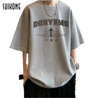 Suikone วาฟเฟิลแขนสั้นผู้ชายแบรนด์แฟชั่นอเมริกันไฮสตรีทท็อปเสื้อยืดคอกลมหลวมและอเนกประสงค์