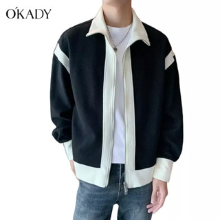 OKADY เสื้อแจ็คเก็ตผู้ชายทรงหลวมอินเทรนด์สไตล์ฮ่องกงจับคู่เสื้อสเวตเตอร์ลำลองหล่อๆ