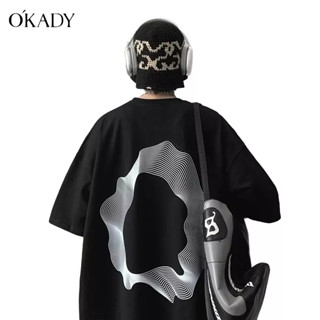 OKADY ยุโรปและอเมริกาเสื้อยืดแบรนด์อินเทรนด์ผู้ชายความรู้สึกซอกถนนแขนสั้นอเมริกันย้อนยุคแขนสามส่วน