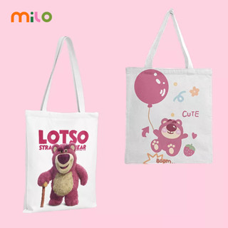 Milo กระเป๋าผ้าแคนวาส ลายหมีสตอเบอรี่   36x39ซม   กระเป๋าสะพายข้างสไตล์เกาหลี