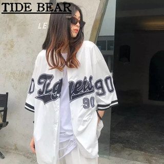 TIDE BEAR เสื้อผู้ชาย อเมริกันเรโทรถนน คู่ฉบับที่ 90 จดหมายหลวมพิมพ์เบสบอลเครื่องแบบห้าจุดแขนเสื้อยืดด้านบน