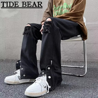 TIDE BEAR กางเกงยีนส์ผู้ชาย อเมริกันเรโทรถนน องค์ประกอบปุ่มซิปฉีกตรงเอวสูงแฟชั่น