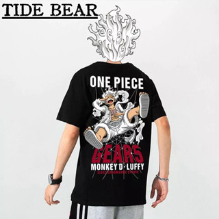 TIDE BEAR เสื้อยืดผู้ชาย อเมริกันเรโทรถนน กษัตริย์โจรสลัดญี่ปุ่นอะนิเมะอุปกรณ์ต่อพ่วงนิก้าลูฟี่คู่แขนสั้น