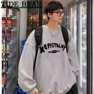 TIDE BEAR เสื้อกันหนาวผู้ชาย เกาหลีย้อนยุคสบายๆ พิมพ์ตัวอักษรขาตรงบวกกำมะหยี่รอบคอด้านบน