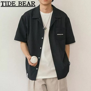 TIDE BEAR เสื้อผู้ชาย เกาหลีย้อนยุคสบายๆ ถ้วยน้ำพิมพ์แฟชั่นกีฬาแขนห้าจุด