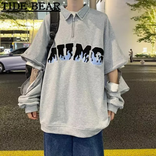 TIDE BEAR เสื้อโปโลผู้ชาย เกาหลีย้อนยุคสบายๆ คู่ฮิปฮอปครึ่งโซ่เสื้อแขนยาว