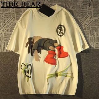 TIDE BEAR เสื้อยืดผู้ชาย เกาหลีย้อนยุคสบายๆ ฮิปฮอปน้ำแห่งชาติการ์ตูนพิมพ์ผ้าฝ้ายแขนสั้นด้านบนหลวม