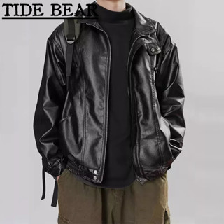 TIDE BEAR เสื้อผู้ชาย อเมริกันเรโทรถนน หนังวัวโปรไฟล์ขนาดใหญ่ที่เรียบง่ายยืนขึ้นคอหนังสีดำนักบินผ้า