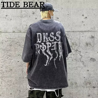 TIDE BEAR เสื้อยืดผู้ชาย อเมริกันย้อนยุคถนนแขนสั้น พิมพ์ตัวอักษรผีเสื้อคู่ฮิปฮอปแฟชั่นสูง