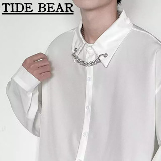 TIDE BEAR เสื้อผู้ชาย เวอร์ชั่นเกาหลีของย้อนยุคลำลองแขนยาว สีทึบโซ่คู่ฮิปฮอปหลวมแฟชั่นสูง