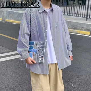 TIDE BEAR เวอร์ชั่นเกาหลีของย้อนยุคลำลองแขนยาว พับออกคอลายพิมพ์เสื้อแฟชั่นระดับไฮเอนด์