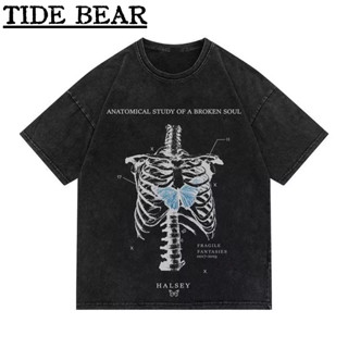 TIDE BEAR เสื้อยืดผู้ชาย อเมริกันย้อนยุคถนนแขนสั้น Skร้อนกะโหลกผีเสื้อพิมพ์แฟชั่นชั้นนำ