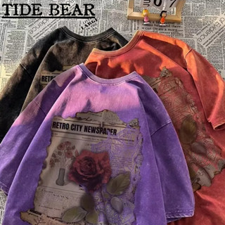 TIDE BEAR เสื้อยืดผู้ชาย อเมริกันย้อนยุคถนนแขนสั้น ระดับไฮเอนด์กุหลาบพิมพ์แฟชั่นเสื้อผ้าถนนสูง