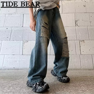 TIDE BEAR กางเกงยีนส์ผู้ชาย อเมริกันย้อนยุคถนนผู้ชายและผู้หญิงฉีกกว้าง-ขาตรงถนนสูง