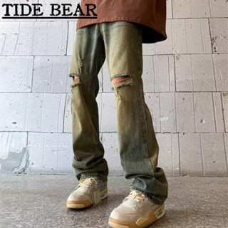 TIDE BEAR กางเกงยีนส์ผู้ชาย อเมริกันย้อนยุคถนนไล่ระดับสีผู้ชายและผู้หญิงฉีกสีเหลืองโคลนสีย้อม