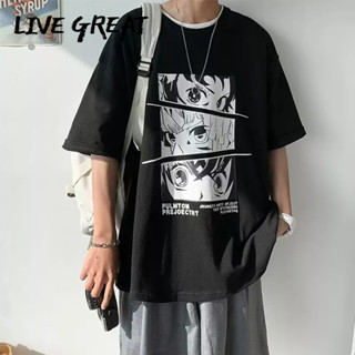 LIVE GREAT ผู้ชายแขนสั้นฤดูร้อนใหม่ถนนแนวโน้มแฟชั่นอะนิเมะพิมพ์ครึ่งแขนหลวมสบายๆทั้งหมด-การแข่งขันรอบคอเสื้อยืด