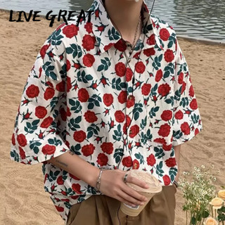 LIVE GREAT เสื้อผู้ชาย ฤดูร้อน ดอกไม้ ไม่เป็นทางการ ดอกไม้ วินเทจ คู่ แขนสั้น