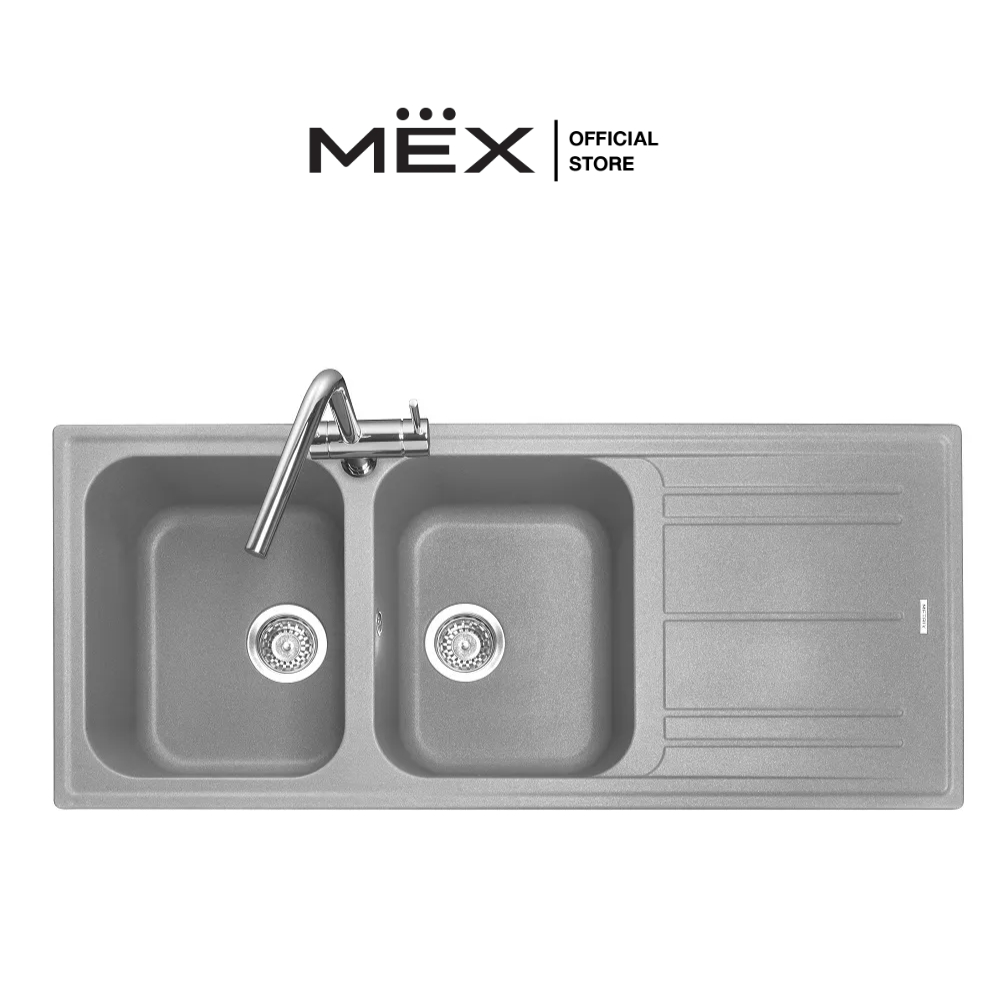 MEX รุ่น MOS21TN อ่างล้างจาน 2 หลุม 1 ที่พัก เนื้อแกรนิตสังเคราะห์ (สีไทเทเนียม)