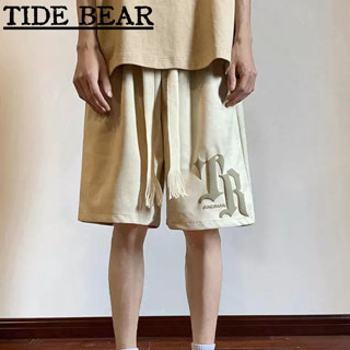 TIDE BEAR กางเกงขาสั้นผู้ชาย หนังกลับโฟมพิมพ์กางเกงขาสั้นลำลอง High Street Cropped กางเกงหลวมกีฬากางเกงขาสั้น