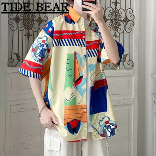 TIDE BEAR เสื้อผู้ชาย ญี่ปุ่นพิมพ์ถนนฮาวายแนวโน้มหลวมชายหาดริมทะเลวันหยุดเสื้อ