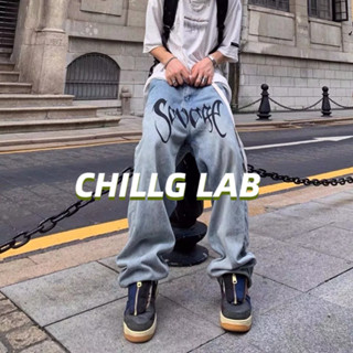 CHILLG LAB กางเกงยีนส์, แบรนด์แฟชั่นผู้ชายฮิปฮอปสไตล์ยุโรปและอเมริกา, กางเกงขายาวย้อนยุคหลวม, จี้บุคลิกภาพขี้เกียจ, กางเกงม็อบขากว้าง