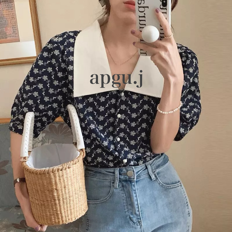 พร้อมส่ง (AP043) Navy Linina White Top เสื้อสไตล์เกาหลี สีน้ำเงิน ปกใหญ่ ปกสีขาว ใส่ทำงาน ผู้หญิง
