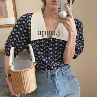 พร้อมส่ง💓 (AP043) Navy Linina White Top เสื้อสไตล์เกาหลี สีน้ำเงิน ปกใหญ่ ปกสีขาว ใส่ทำงาน ผู้หญิง