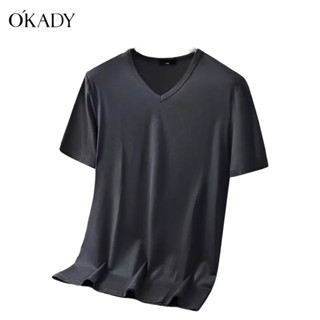 OKADY เสื้อยืดผู้ชายแขนสั้นเรียบง่ายแฟชั่นฤดูร้อนเทรนด์วัยรุ่นยอดนิยมคอวีด้านบน