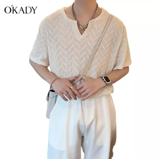 OKADY เสื้อยืดจีบผู้ชายอินเทรนด์แบรนด์ใหม่หลวมระดับไฮเอนด์อินเทรนด์ผู้ชายแขนสั้นด้านบน