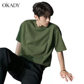 OKADY ผู้ชายฤดูร้อนคอกลมหลวมถักนิตติ้งแขนสั้นสีทึบครึ่งแขนจับคู่เสื้อยืดทั้งหมด